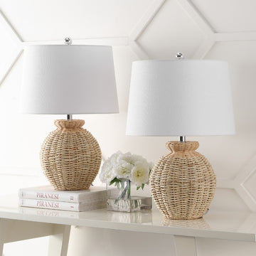 Nora 22" Rustic Coastal Rattan Globe LED Table Lamps - JONATHAN Y